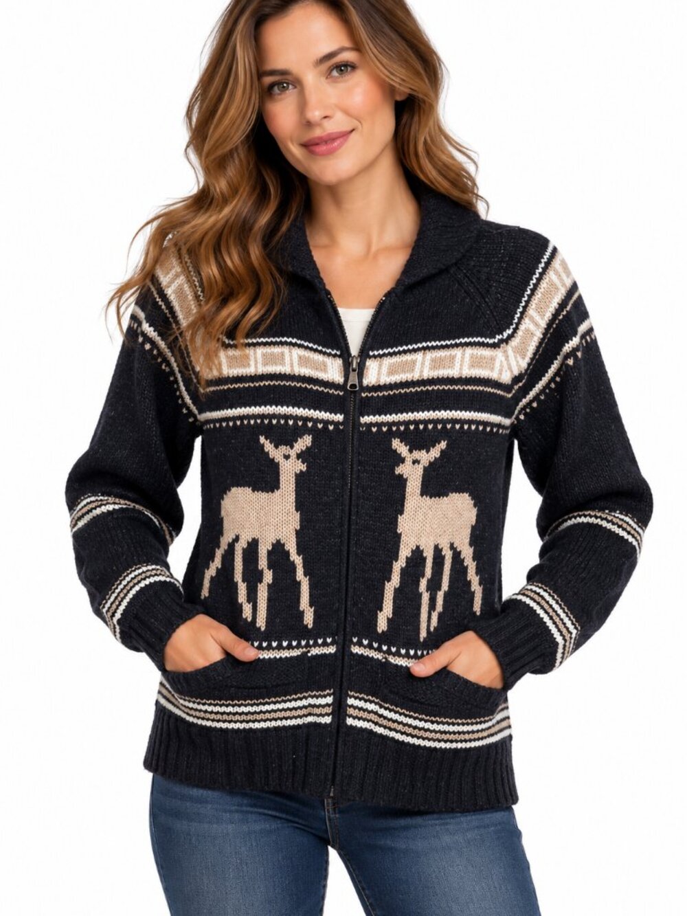 Triple Five Soul XL Deer Fair Isle Zip-Up Knit Cardigan Sweater
